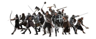 Ordu. Profesyonel silahlı cesur şövalyeler beyaz stüdyo arka planında izole edilmiş. Savaşçıların yerli savaşının tarihsel yeniden yapılandırması.