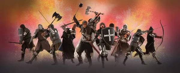 Fotocollage met boze serieuze middeleeuwse krijgers of ridders oorlogskleding met zwaarden in beweging, actie geïsoleerd over vintage achtergrond. — Stockfoto