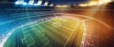 Gece sporu sahası. Stadyum görüntüsü ve arka planda renkli fenerler. Spor, rekabet, kazanma, eylem ve hareket kavramı.