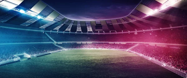 Full stadium and neoned colorful flashlights background. Empty area for championships, your ad, design. 3D render — Stock Photo, Image