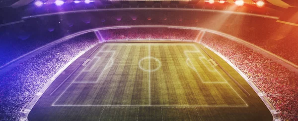 경기장 전체와 다채 로운 섬광등 배경이 갖추어 져 있다. 챔피언십, 광고, 디자인을 위한 빈공간입니다. 3D 렌더링 — 스톡 사진