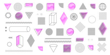 Vektör ayarlandı. Geometrik şekiller. Minimum modern şekiller. Tasarım projeniz için minimalist geometrik formlar. Moda hipster arka planı ve logottipleri.