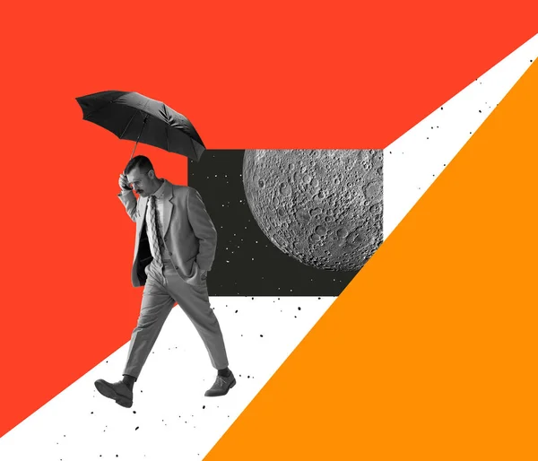 Collage de arte contemporáneo, Empresario en ropa oficial caminando bajo paraguas, pensando en proyectos importantes —  Fotos de Stock