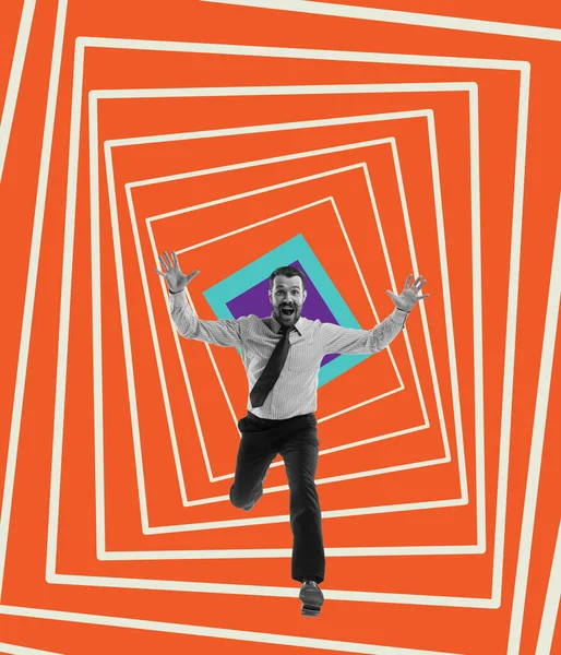 Kreatives Design. Glücklicher Mann, Mitarbeiter feiern erfolgreichen Geschäftsabschluss, laufen isoliert über hypnotischen Hintergrund — Stockfoto