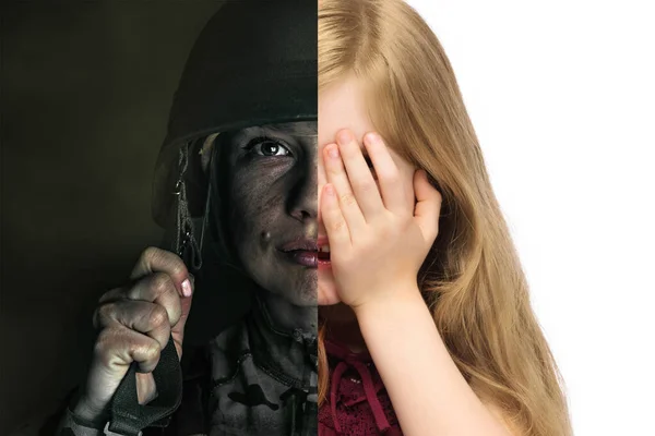 Collage. Halbgesichtige Porträts einer jungen Frau in Militäruniform und eines kleinen ängstlichen Mädchens, eines Kindes. Die Ukraine frei machen und schützen — Stockfoto