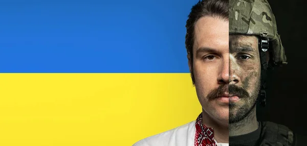 Coraje. Retratos a media cara del hombre serio en uniforme militar y la camisa bordada ucraniana de ropa nacional llamada vyshyvanka —  Fotos de Stock