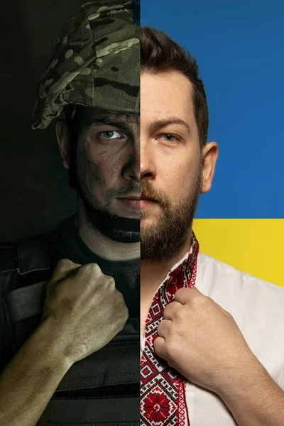 Напів-лицеві портрети людини в військовій формі і українці національного одягу під назвою Вишванка. Збільшений, композитний образ — стокове фото