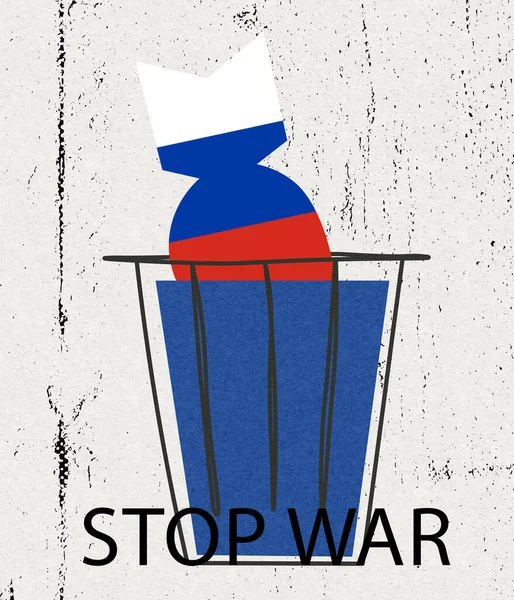 Koláž současného umění. Ruská vojenská skořápka padá do popelnice symbolizující svobodu od války — Stock fotografie