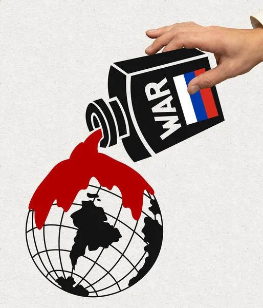 概念的なイメージ。ロシアの手を注ぎ、地球を覆い、戦争、殺人、血を象徴する赤い液体で惑星を覆う — ストック写真