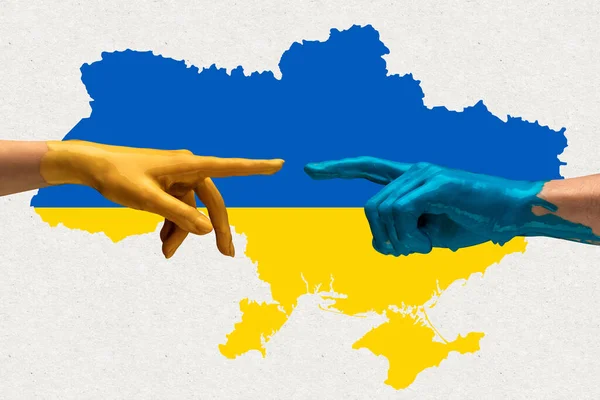 Contemporary art collage. Two hands, fists covered with blue and yellow flag colors reaching each other isolated over Ukraine map background — Stock Photo, Image