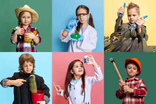 Collage. Porträtt av små pojkar och flickor, barn i bild av olika yrken poserar isolerade över flerfärgad bakgrund — Stockfoto