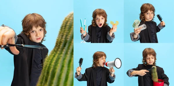 Collage. Porträtt av liten snygg pojke, barn i bild av professionell stylist, frisör, frisör poserar isolerad över blå studio bakgrund — Stockfoto