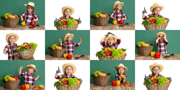 Portret van schattig klein meisje, emotioneel kind in beeld van boer, tuinman met grote mand groenten geïsoleerd op witte en groene achtergrond. Collage — Stockfoto