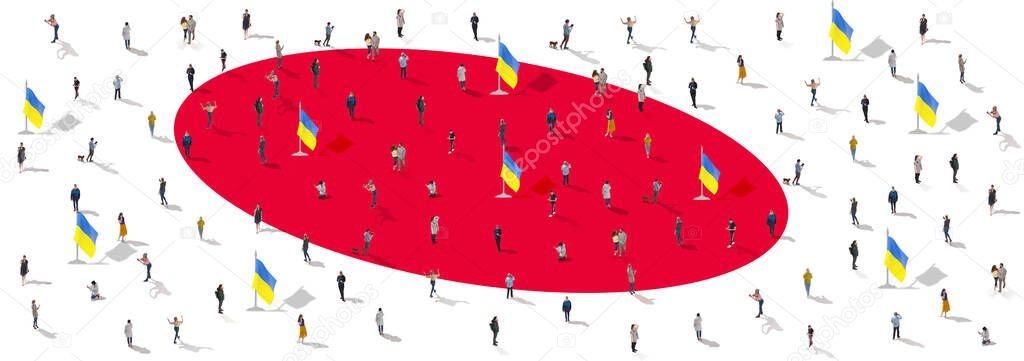 Collage made with portraits of people gathering together to support Ukraine isolated on flag of Japan background