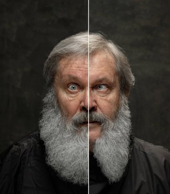 Şok olmuş gri sakallı son sınıf öğrencisinin koyu renkli arka planda izole edilmiş kameraya baktığı portreden yapılmış birleşik görüntü..