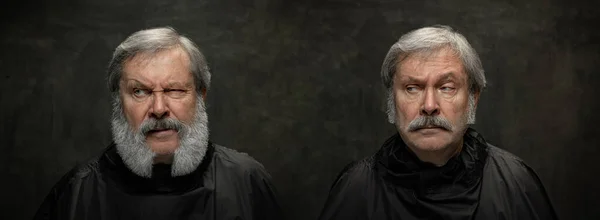 Kreativní koláž z portrétů emotivního šedovousého staršího muže při pohledu na kameru izolovanou na tmavém vinobraní pozadí. — Stock fotografie