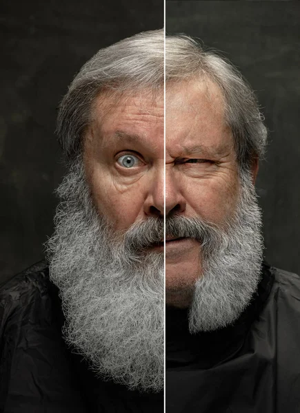 Imagem composta feita de retrato de homem idoso de barba cinza chocado olhando para a câmera isolada no fundo escuro do vintage. — Fotografia de Stock