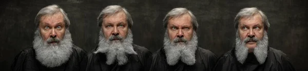 Creatieve baard. Een set portretten van oudere mannen op zoek naar camera geïsoleerd op donkere vintage achtergrond. Concept van emoties, mode, schoonheid — Stockfoto