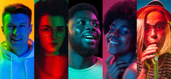 Diversidade. Conjunto de retratos de close-up de jovens excitados multiétnicos em fundo multicolorido em néon. Conceito de emoções humanas, expressão facial, vendas. — Fotografia de Stock