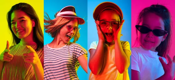 Immagine composita con ritratti di giovani belle donne e bambini felici isolati su sfondo multicolore al neon. Concetto di emozioni umane, espressione facciale, vendite. — Foto Stock