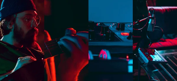 붉은 네온 빛의 어두운 배경에 남성 음악가와 음악 장비의 초상화가 있는 컴포지트 이미지. 분위기, 스타일, 음악, 취미의 개념 — 스톡 사진