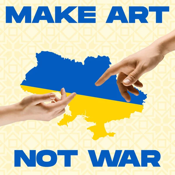 Колаж сучасного мистецтва. Дві руки, що тягнуться одна до одної, відокремлені над українською синьою і жовтою картою фону. — стокове фото