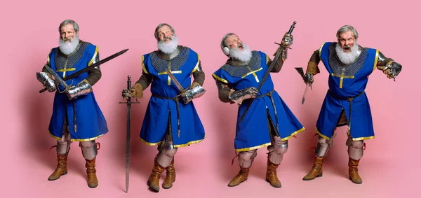 Σύνθετη εικόνα με πορτρέτα του ανώτερου γκρίζου γενειοφόρου άνδρα, γενναίου μεσαιωνικού πολεμιστή ή ιππότη σε τεθωρακισμένα ρούχα με σπαθί απομονωμένο σε ροζ φόντο. — Φωτογραφία Αρχείου