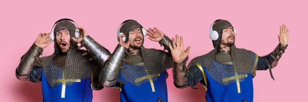 Κολάζ με ημι-μήκους πορτρέτα του ανθρώπου, μεσαιωνικού πολεμιστή ή ιππότη ακούγοντας μουσική σε ακουστικά με ευχάριστη έκφραση απομονώνονται σε ροζ φόντο — Φωτογραφία Αρχείου