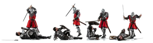 Battle. Brave armored knights with professional weapon fighting isolated on white studio background. Historical reconstruction of native fight of warriors. — Stock Photo, Image
