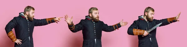 Collage met jonge emotionele man, middeleeuwse krijger of boogschutter met mes gebaar geïsoleerd over roze studio achtergrond. Vergelijking van tijdperken — Stockfoto