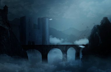 Gece sisinde köprü ve kale, duman. Korkunç ve mistik bir tema. Tasarımınız için kavramsal arka plan, poster, reklam. Aygıt ekranı için duvar kağıdı