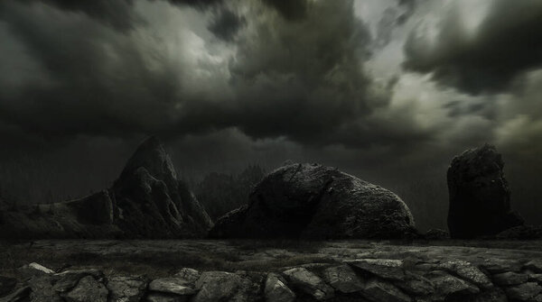 Spooky night. Scary and mystic theme, rocks and mountains in fog. Conceptual background for your design, poster, ad. Darkness, ghosts and mystery. Concept of art, fashion, halloween, medieval time