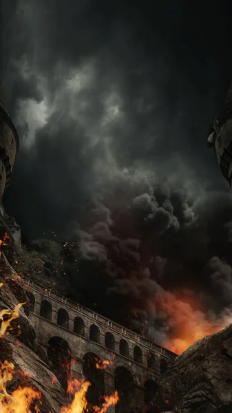 Puente medieval en llamas después de la explosión. Tema aterrador y místico. Fondo conceptual para su diseño, póster, anuncio. Fondo de pantalla para pantalla de gadget — Foto de Stock