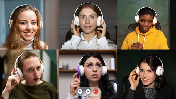 Equipo de trabajo por grupo de videollamadas compartir ideas lluvia de ideas utilizar la videoconferencia. Vista de la pantalla del PC con los jóvenes, anuncio de aplicación. — Foto de Stock