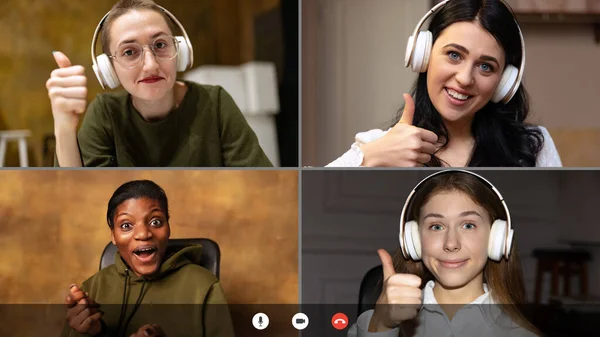 Equipo de trabajo por grupo de videollamadas compartir ideas lluvia de ideas utilizar la videoconferencia. Vista de la pantalla del PC con los jóvenes, anuncio de aplicación. — Foto de Stock