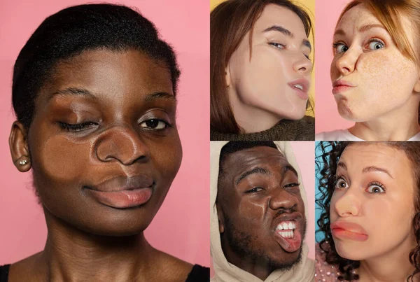 Preset di volti primi piani di giovani ragazze e ragazzi schiacciati su vetro isolato su sfondo colorato. Concetto di emozioni umane, diversità. Modelli appoggiati al vetro — Foto Stock