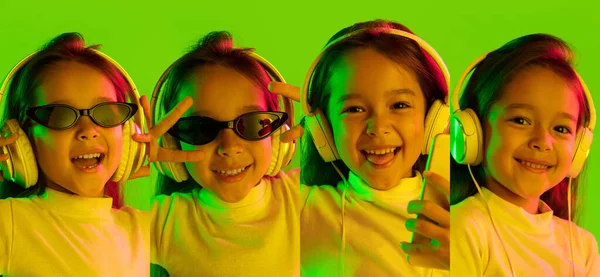 Beelden van klein meisje, schattig kind geïsoleerd op groene achtergrond in neon. Onderwijs, emoties, gezichtsuitdrukking en jeugdconcept. — Stockfoto