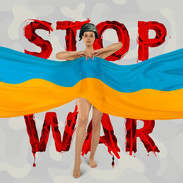 当代艺术拼贴。身着军帽、头戴乌克兰蓝色和黄色旗帜的妇女被隔离在"停止战争"红字上 — 图库照片