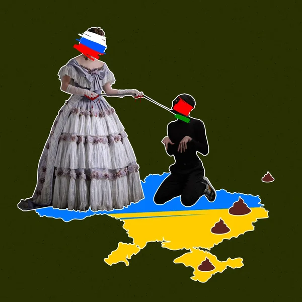 当代艺术拼贴。一个双手沾满鲜血的女人象征着俄国国家的奴隶跪在地上打击乌克兰 — 图库照片