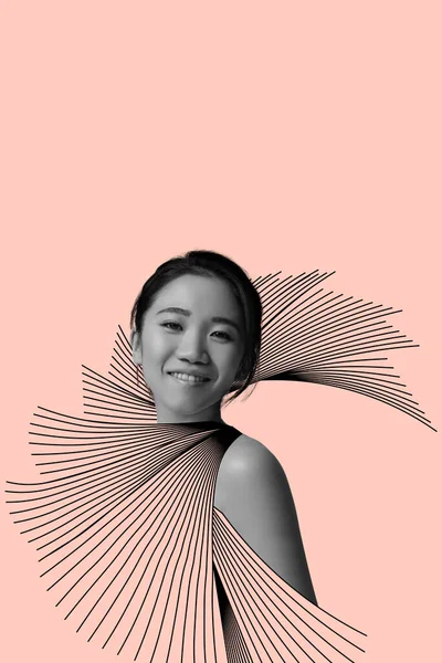 Samtida konst. Kreativ design. ung asiatisk kvinna täckt med linje konst isolerad över rosa bakgrund — Stockfoto