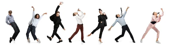 Happy young office workers dancing in business style outfits, clothes on white background. Collage, flyer, poster — Stock Photo, Image