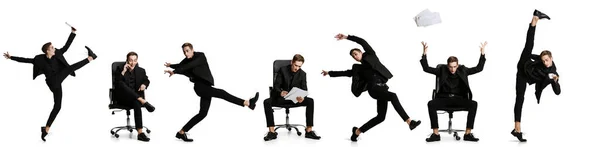 Hombre joven, oficinista masculino vestido de traje negro en acción con carpetas, café, tableta sobre fondo blanco. Bailarina de ballet. Concepto empresarial —  Fotos de Stock