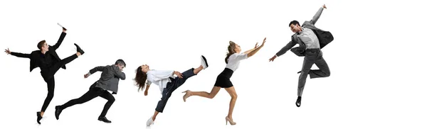Flyer met jonge kantoorpersoneel springen, hardlopen in business style outfits, kleding geïsoleerd op witte achtergrond. Collage, moderne levensstijl — Stockfoto