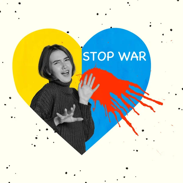 Koláž současného umění. Mladá emotivní dívka modlí zastavit válku izolované přes modré a žluté tvaru srdce — Stock fotografie
