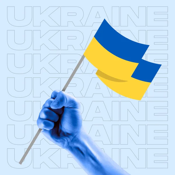 Hedendaagse kunst collage. Mannelijke sterke hand houden Oekraïense vlag geïsoleerd over blauwe achtergrond met Oekraïne belettering — Stockfoto