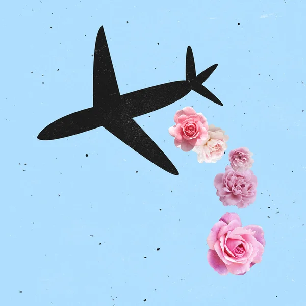 Contemporray art collage. Black plane flying over blue background with pink flowers falling down — Stock Photo, Image