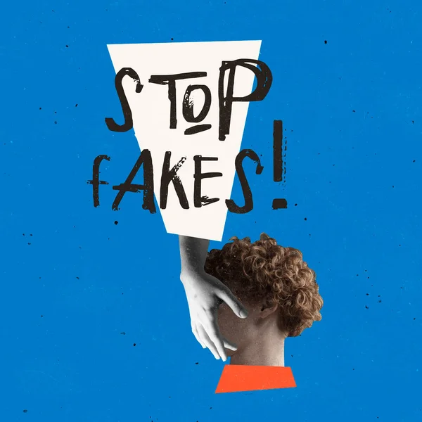 Collage de arte contemporáneo. Hombre mano cubierta mans cara a dejar de difundir noticias falsas aislado sobre fondo azul —  Fotos de Stock