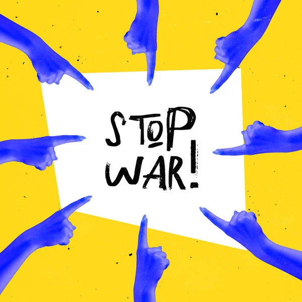 Collage zeitgenössischer Kunst. Hände zeigen vereinzelt auf Stop-War-Schriftzug auf gelbem Hintergrund — Stockfoto