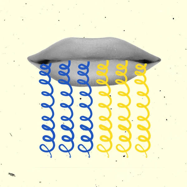 Samtida konstcollage. Läppar med blå och gula designelement talar om fred i Ukraina — Stockfoto