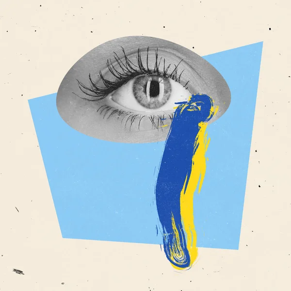 Koláž současného umění. Ženské oko pláč s modrými a žlutými barvami slza symbolizující bolest pro vlast - Ukrajina — Stock fotografie